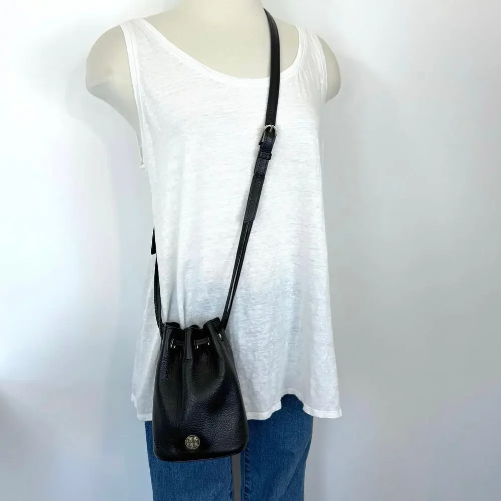 Tory Burch Mini Drawstring Mini Bucket Bag Crossbody Black Leather READ